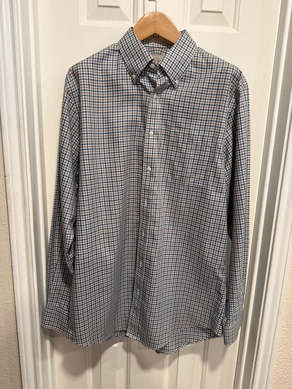 Nordstrom Men’s Dress Shirt 15.5 35 Traditional Fit Blue Tan Check 100% Cotton